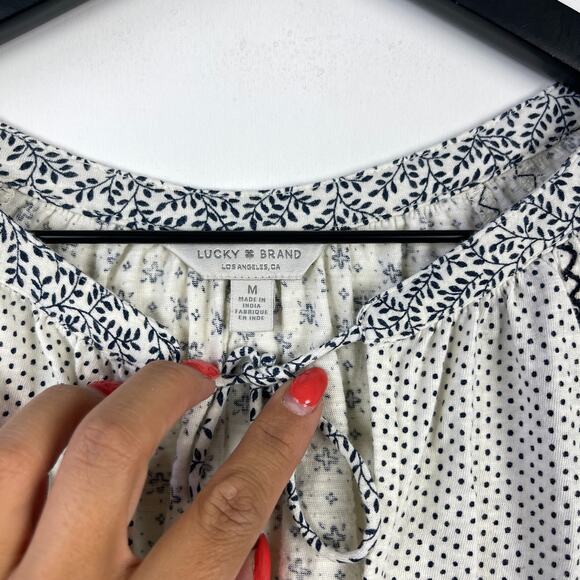 Lucky Brand Medium Cotton Boho Keyhole Knit Top Stretch White Black Polka Dot - Picture 4 of 9